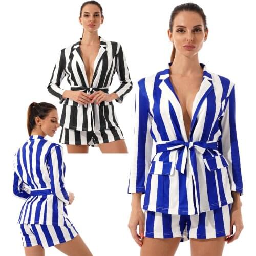 Office Lady Cosplay Two Piece Set Striped Outfits Clubwear 3/4 Sleeve Lapel Blazer Jacket with Belted Shorts Sashes Waisted Suit