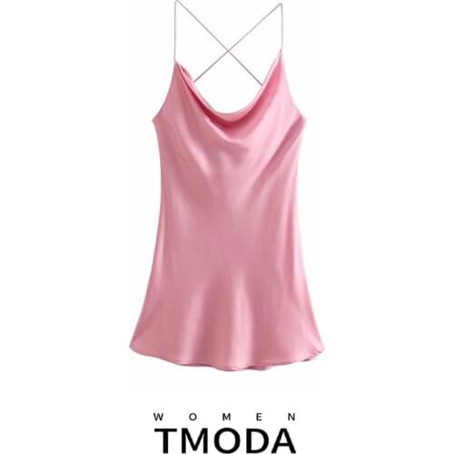 TMODA1258 Za Dress Women Pink Satin Short Dresses Summer Woman 2021 Backless Spaghetti Strap Sexy Ladies Club Night Dresses