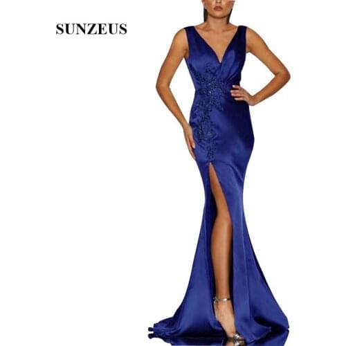 Long Blue Satin Evening Dresses With Side Slit V-neck Tank Mermaid Formal Gowns Appliques Beads Women Elegant Party Dress