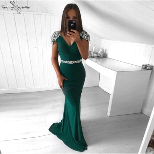 Dark Green Mermaid Evening Dresses Long Beaded Sequins Cap Sleeve Zipper Formal Dress for Women Prom Dresses Robe De Soiree 2021