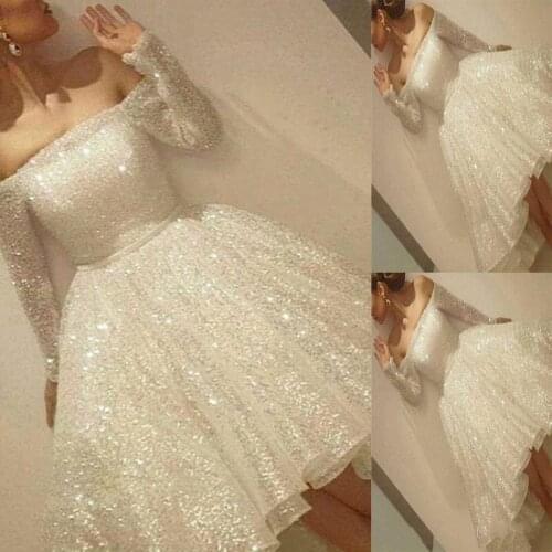 New High Low White Shine Short Prom Party Dresses Sequins Off The Shoulder Long SleeveHomecoming Dress robe de soriee