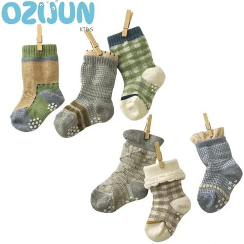 3 Pairs/lot Baby Boys Anti Slip Indoor Socks Green Plaid Cotton Short Socks Four Seasons Socks 1-5 Years Kids Boy S/M/L