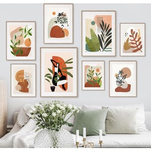 Abstract Boho Woman Coral Monstera Plant Wall Art Canvas Painting Nordic Posters And Prints Wall Pictures For Living Room Decor