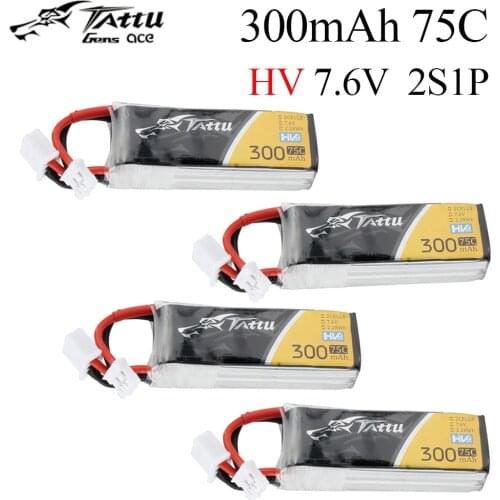 4PCS Tattu 300mAh 7.6V 75C 2S1P HV Lipo Battery Pack With JST-PHR Plug for RC FPV Racing Drone Quadcopter Toys