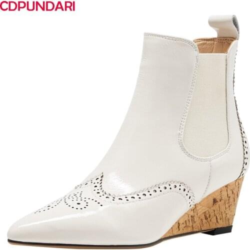 White Black Fretwork Genuine Leather Wedges Ankle Boots Women Autumn Winter High Heels Retro Chelsea Boots Shoes Botines Mujer