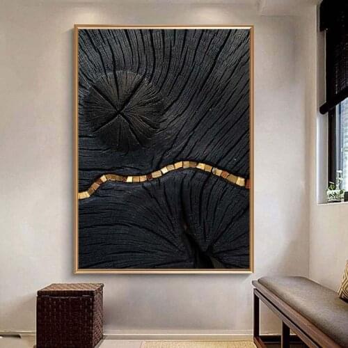 Wood Black Golden Line Texture Abstract Art Print Poster Vintage Minimalist Wall Art Canvas Decorativas for Home Study Painting