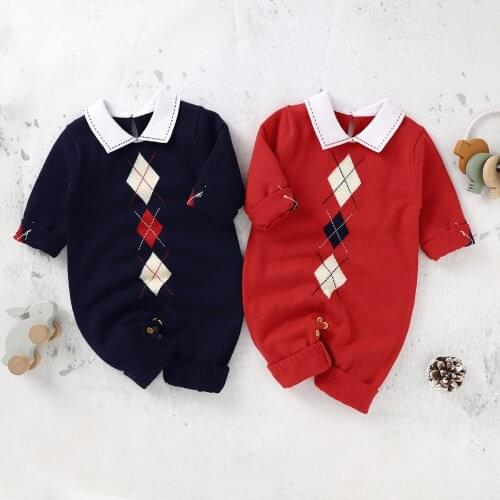 0-18M Baby Autumn Winter Clothing Infant Newborn Baby Boys Gentleman Romper Long Sleeve Cotton Knitted Jumpsuits Outfit