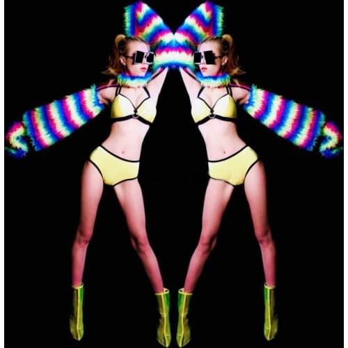 Sexy Rainbow Suit Gogo Dance Costume Yellow Bikini Women DS Dj Outfits Singer Stage Performance Clothing Rave Clothes VDB3117