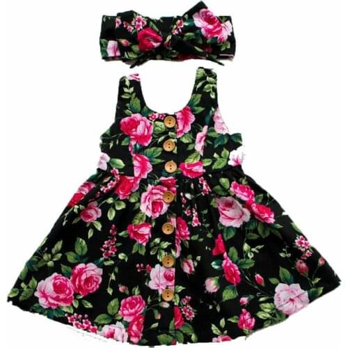 Toddler Kids Baby Girl Summer Sleeveless Party Princess Floral Button Dress Baby Girl 2Pcs Pageant Clothes New