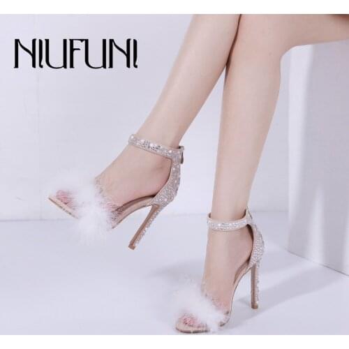 Womens Open Toe Single Band Plush Crystal Rhinestone Glitter Ankle Strap Thin High Heels Sandals Shoes Women Plus Size 35-42