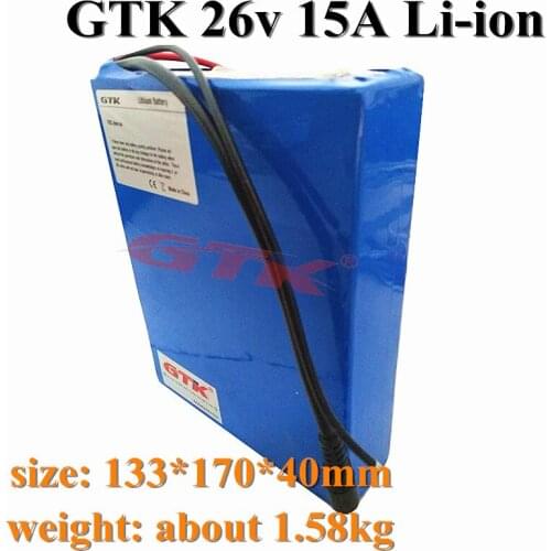 GTK high capacity 26v 15A 10A lithium battery pack for ebike tricycle battery, scooter battey and electric tools+ charger