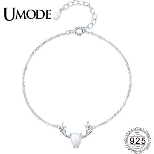 UMODE 2019 New 925 Sterling Silver Moonstone Deer Bracelets for Women Link Chain Adjustable Animal Silver Jewelry Femme ALB0137
