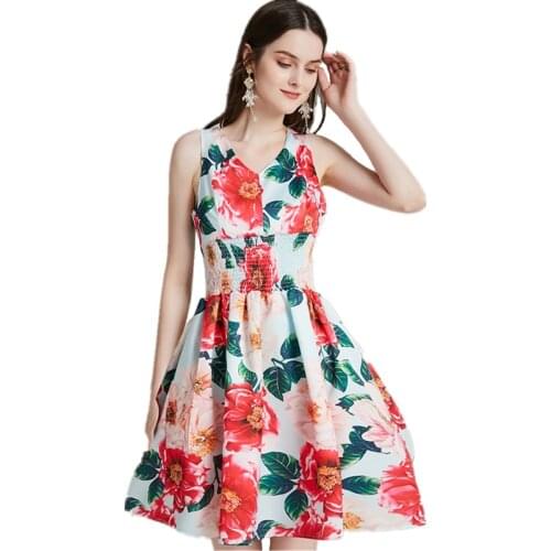 LUKAXSIKAX 2021 New Summer Women Sexy V-Neck Vest Dress High Quality Sweet Camellia Print Elastic Waist Slim Party Dress