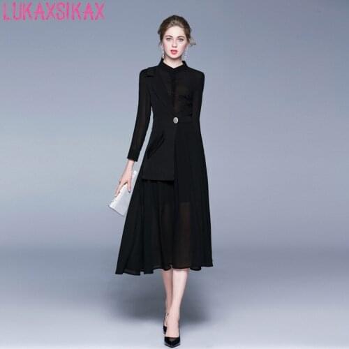 LUKAXSIKAX 2020 New Spring Autumn Women Dress High Quality Individuality Design Fake Two Piece Chiffon Patchwork Runway Dress