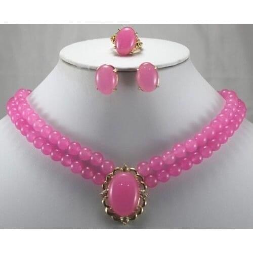 Charming Luxurious 2row 8mm Pink Jade Ring Stud Earrings Necklace Pendant Jewelry Set