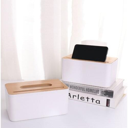 Plastic White Tissue Box with Bamboo Wooden Cover Phone Slot Home Kitchen Car Napkins Container Organizer Storage Accessories
