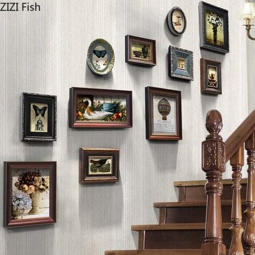 11 Pcs-set Stairs Hanging Wall Ornaments Animal Scenery Painting Photo Frame Walls Combination American Mural Rustic Home Decor