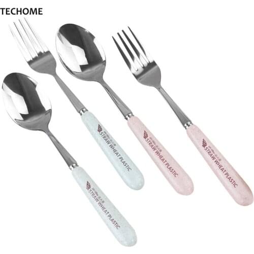 Adult Baby Dishes 2pc/set Wheat Stainless Steel Spoon Fork Set Portable Adult Children Tableware Nordic Style Kitchen Tools