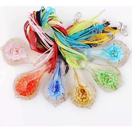 QianBei Fashion Beauty 6pcs handmade Murano Lampwork Glass Mixed Color Flower Inside Pendants Charms Necklaces necl0021