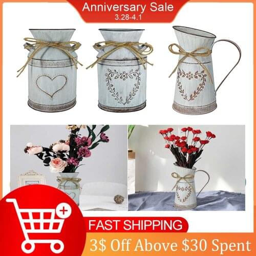 Retro Garden Metal Flower Vases Wedding Artificial Flowers Bucket Barrel Holder Shabby Chic Country Style Vintage Jug Can Craft