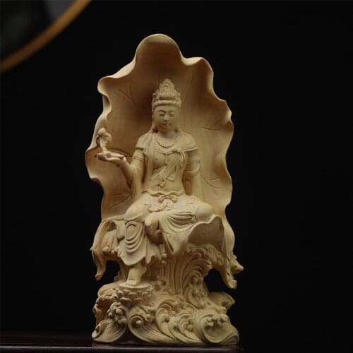 Boxwood 18cm Lotus Guanyin Sculpture Wood Guan Yin Buddha Statue Feng Shui Lucky Home Decor