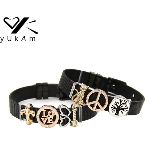 YUKAM Sliders Jewelry Crystal Arrow Cat Peace Life Tree Love Heart Slide Charms Keeper for Mesh Bracelets DIY Accessories Making