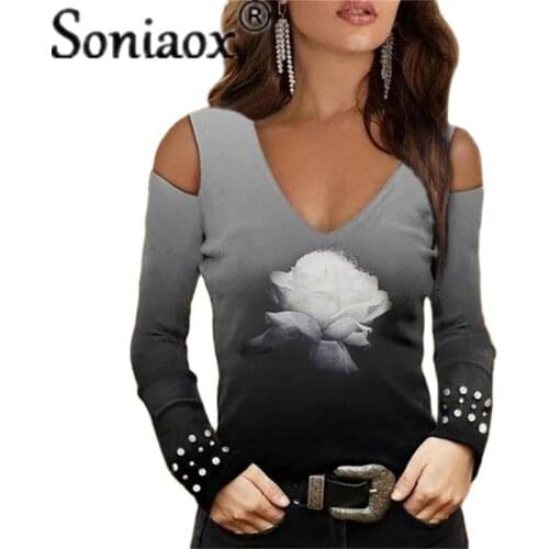 2021 Autumn Fashion V-Neck Sexy Off-Shoulder Gradient Flower Print Long-Sleeve T-Shirt Ladies Casual Loose Street Clothing Tops