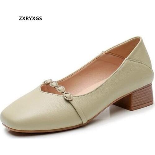 2021 Spring New Solid Color Top Cowhide Rhinestone Women High Heel Shoes Thick Heel Large Size Comfort All-match Fashion Shoes