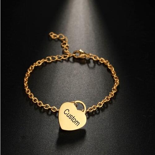 Lemegeton Stainless Steel Love Heart Custom name Bracelet For Women Kids Chain Charm Bracelets Jewelry Engraving ID Tag Bracelet