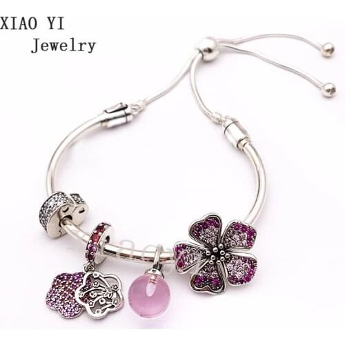XIAOYI 2020 New 100% S925 Pink Daisy flower glaze charm fashion temperament high quality bracelet to send girlfriend female