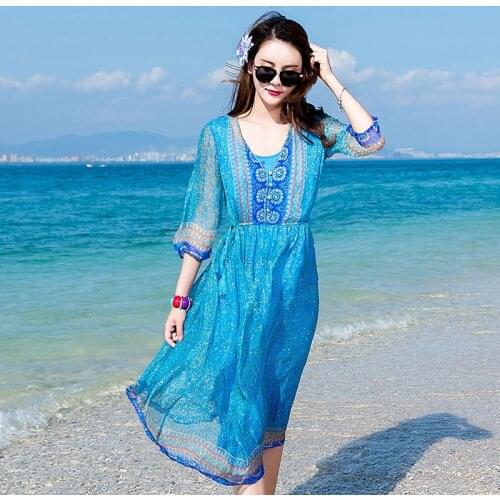 Real Silk Dress 2020 Summer Beach Bohemian Midi Korean Fashion Dresses for Women Blue Vestidos Largos 2226 KJ5625