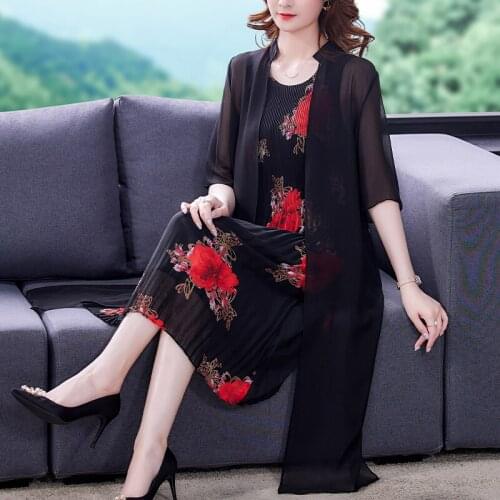 Summer Floral Chiffon Two Piece Pleated Dresses 2021 Vintage Casual Black Beach Midi Dress Women Elegant Bodycon Party Vestidos