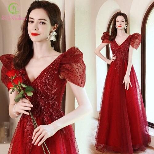 SSYFashion New Red Evening Dress for Women Banquet Elegant Puff Sleeve A-line Lace Beading Long Formal Gowns Vestidos De Fiesta