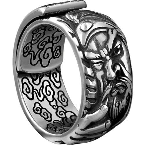 100% 925 silver vintage Guan Gong ring opening relief Thai silver martial god of wealth personality domineering trendy male