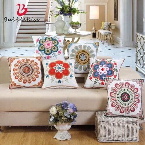 Bubble Kiss Cotton Canvas Embroidery Flower 2PCS Cushion Cover Ethnic Style Decorative Pillow Cover Sofa Home Decor Pillowcase