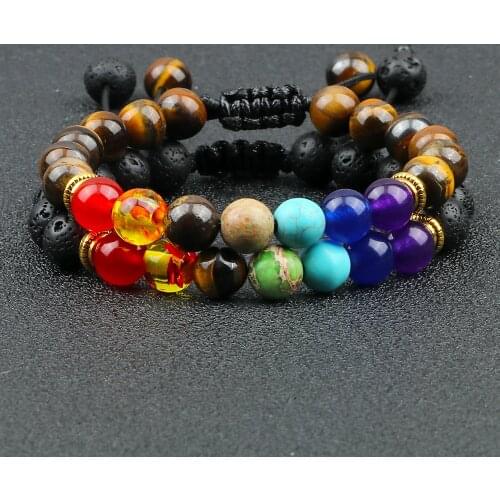 2pcs/set 7 Chakra Black Lava Beads Bracelets Natural Stone Yoga Adjustable Braided Bangle Couples Healing Bangles For Women Men