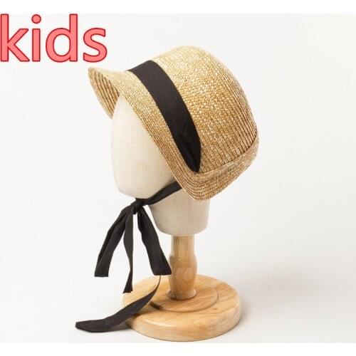 202008-HH6038 summer handmade straw French garden Lolita holiday black long ribbon kids sun cap children leisure hat