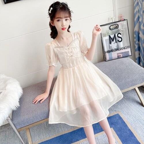 2021 Summer Girls Dress Elegant Mesh Kids Dresses for Girl Childrens Clothing Puff Sleeve Princess Dress 3 4 6 8 10 12 Yrs