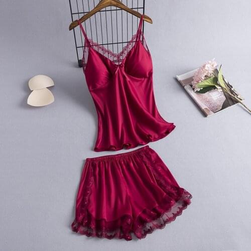 Satin 2PCS Pajamas Suit Women Strap Top&Shorts Sexy Lace Sleepwear Intimate Lingerie Nightwear Burgundy Home Clothes Pyjamas