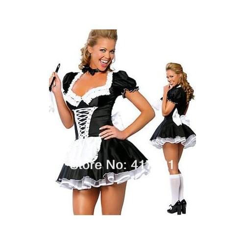 Free Shipping High Quality Sexy Adult Woman 2PC Lace Night French Maid Servant Costume French Maid Costume