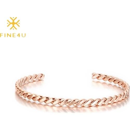 FINE4U B440 Rose Gold Color 4MM Wide Open Cuff Bracelet Twisted Open Cuff Bangle Jewelry Gift for Men Women