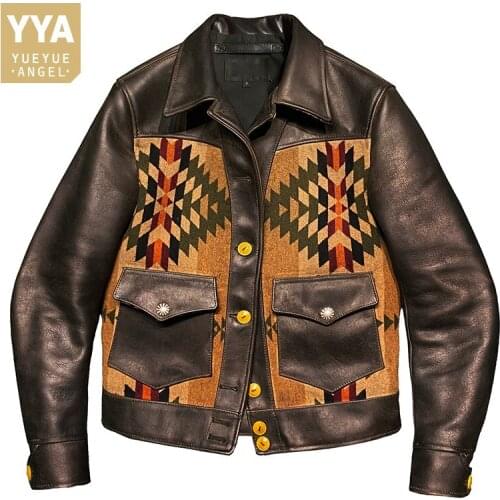 Designer Mens Vintage Pattern Cowhide Genuine Leather Jacket Men Biker Coat Single Breasted Pocket Retro Leather Jackets Outwear