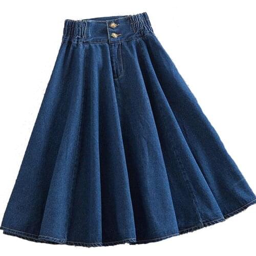Women Denim Skirt Pleated High Waist Mid Calf Skirt Vintage Ladies Casual Jeans Flare Long Skirt 6XL 7XL Plus Size Bottoms