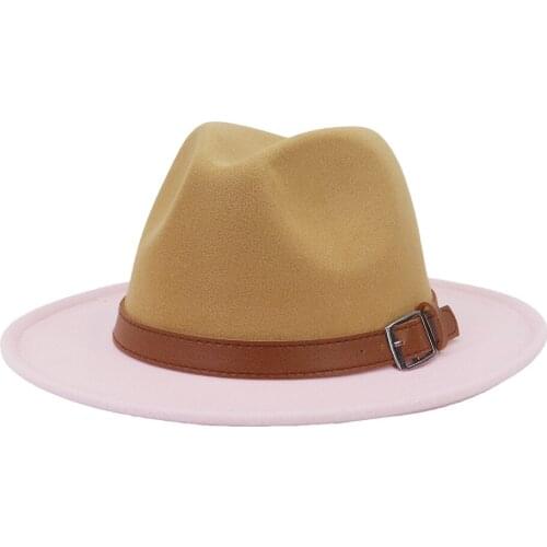 Trendy Camel and Pink Color Matching Fedora Hat Sombrero Panama Felt Jazz Cap Women Patchwork Party Formal Hat with Brown Belt