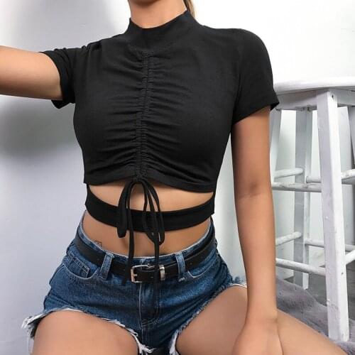 Womens 2020 spring and summer new slim-fit pleated hollow sexy navel t-shirt