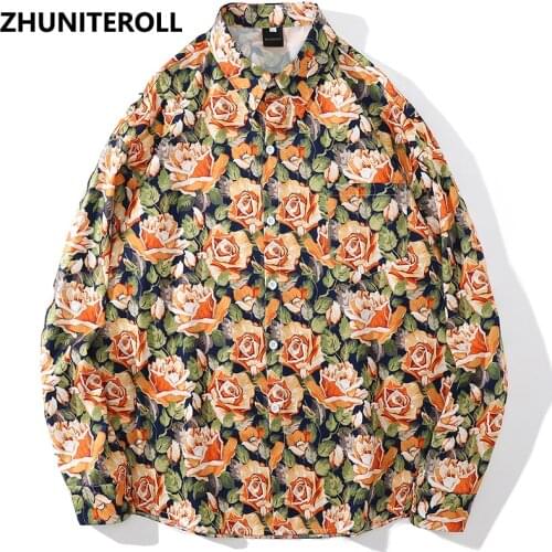 2021 Men Harajuku Hawaiian Shirt Hip Hop Streetwear Painting Rose Print Beach Shirt Summer Long Sleeve Aloha Shirt Fashion Tops
