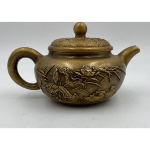 China brass Lotus Mandarin duck teapot crafts statue