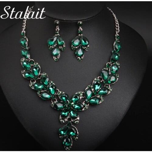 Classic Water Drop Crystal Flower Necklace Earring Bridal Jewelry Sets Wedding Silver Color Spring Chain Necklace Sets For Women