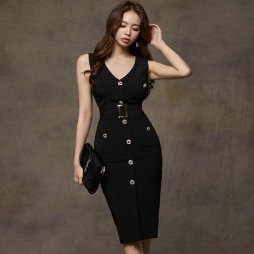 Summer Dresses Sleeveless Bandage Bodycon Womens Dress Office Ladies Vintage Elegant Korean Clothes Sexy Party Black OL Sundress