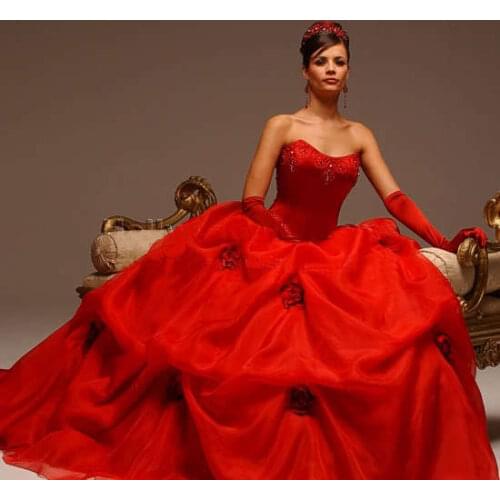 Hot seller new design Red Organza Handwork Flowers Accent Ball Gown married dress davids bridal wedding dresses free shipping
